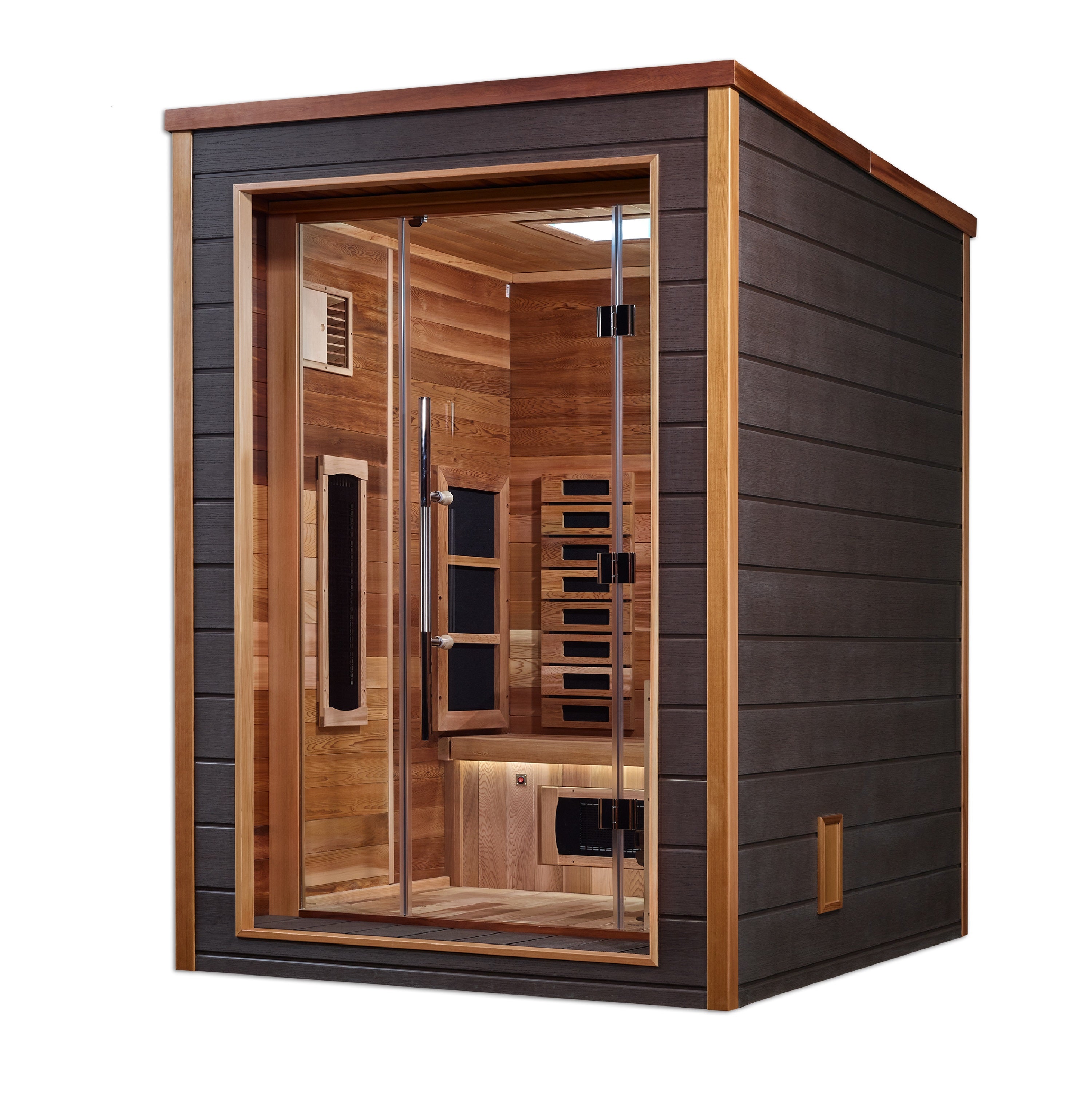 Golden Designs Nora 2 Person Hybrid (PureTech™ Full Spectrum IR or Traditional Stove) Outdoor Sauna - Canadian Red Cedar Interior