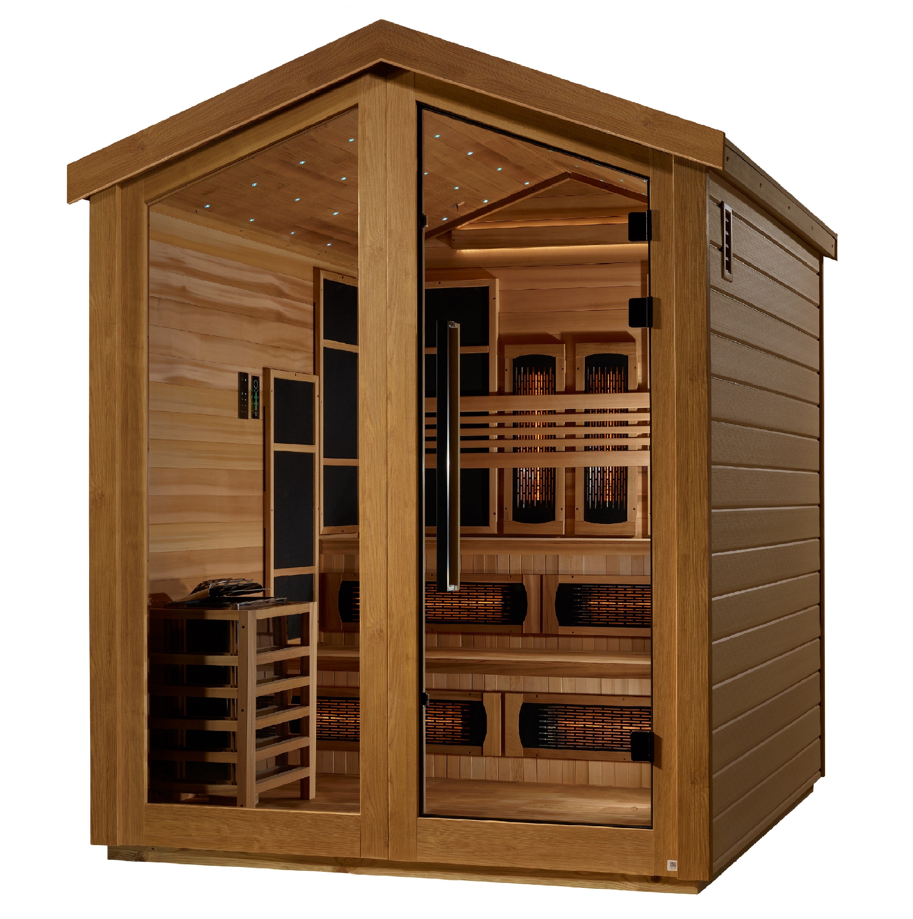 Golden Designs Kaskinen 6 Person Hybrid (PureTech™ Full Spectrum IR or Traditional Stove) Outdoor Sauna - Canadian Red Cedar Interior