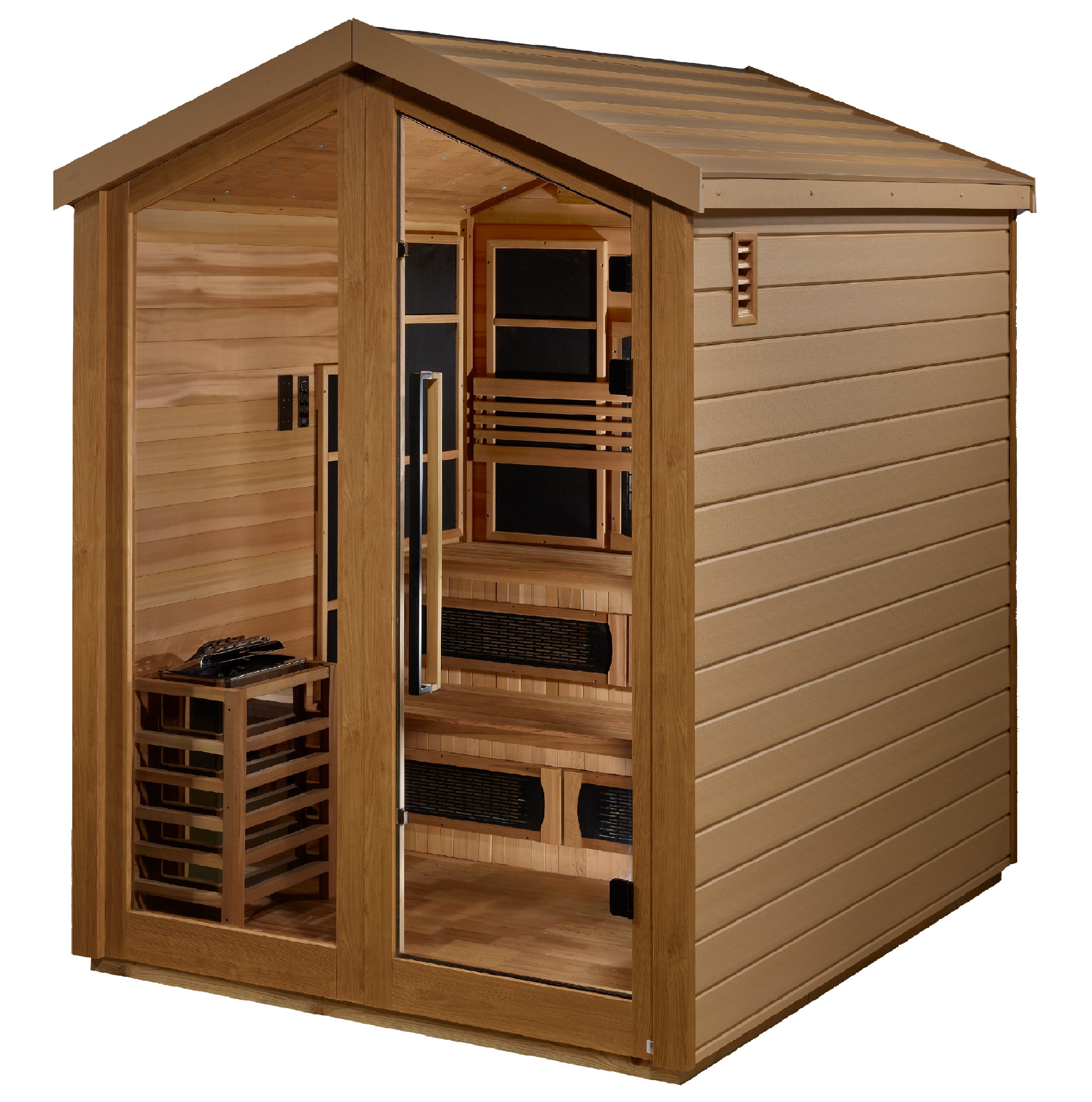 Golden Designs Kaskinen 6 Person Hybrid (PureTech™ Full Spectrum IR or Traditional Stove) Outdoor Sauna - Canadian Red Cedar Interior