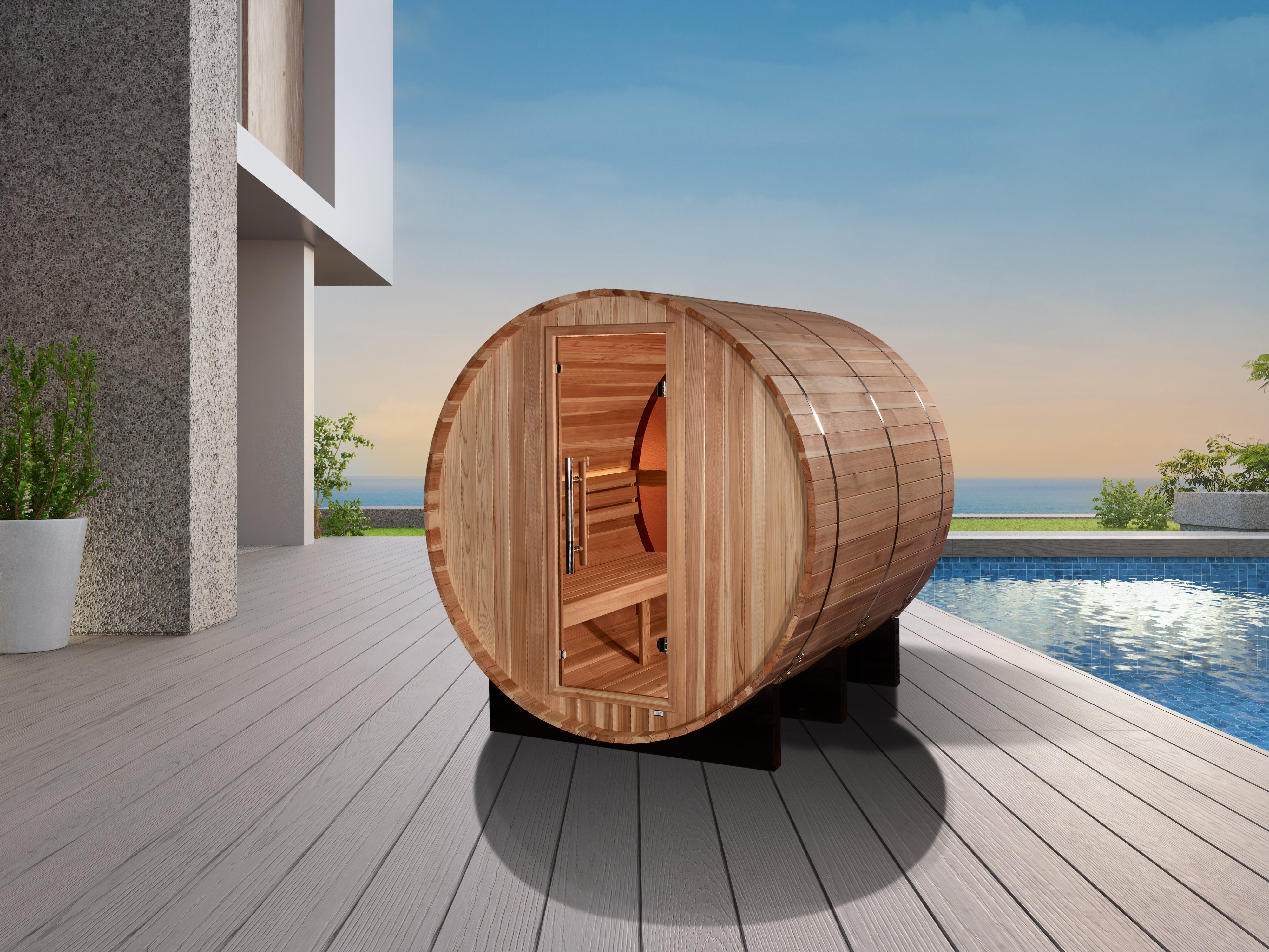 Golden Designs "Zurich" 4 Person Barrel with Bronze Privacy View - Traditional Sauna -  Pacific Cedar